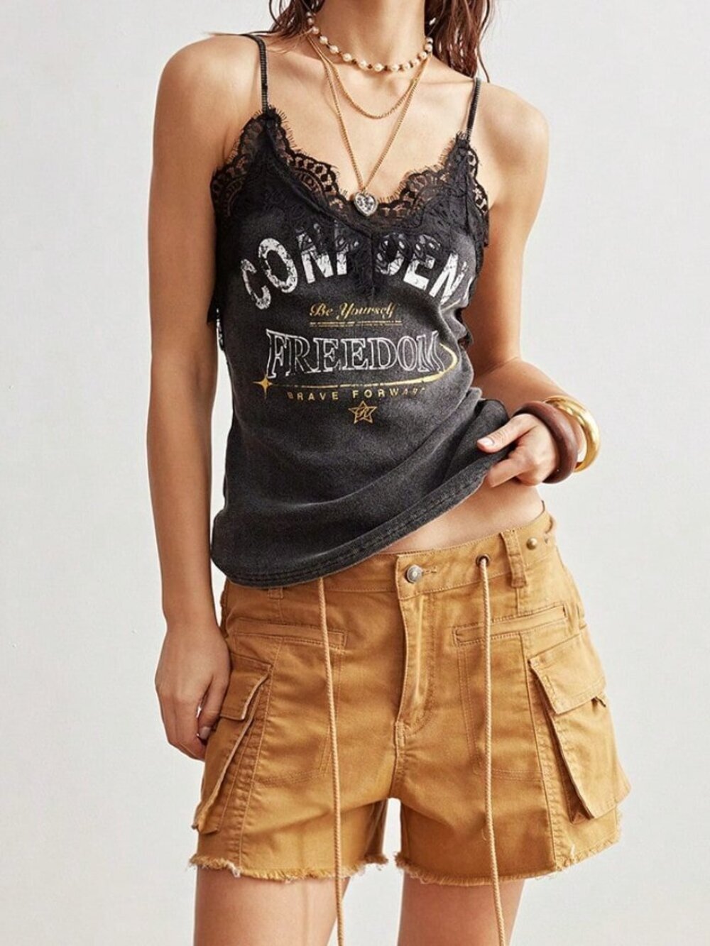 Black Casual Women's Knit Lace Patchwork Graphics Camisole - Picture 3 of 7
